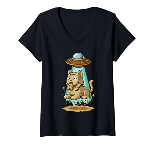 Damen Sphynx Katze mit UFO Entführung in Ägypten T-Shirt mit V-Ausschnitt Damen Sphynx Katze mit UFO Entführung in Ägypten T-Shirt mit V-Ausschnitt von Lustiges Sphinx Katzen Outfit - Pharao Katze