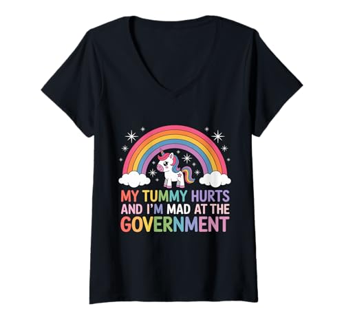 Damen Mein Bauch TUT WEH und ich Bin sauer auf die Regierung T-Shirt mit V-Ausschnitt von Lustiges Sprichwort