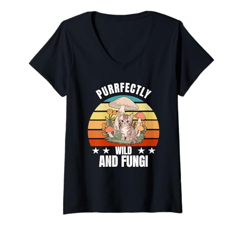 Damen Purrfectly Wild and Fungi Katze Pilz T-Shirt mit V-Ausschnitt Damen Purrfectly Wild and Fungi Katze Pilz T-Shirt mit V-Ausschnitt von Lustiges Spruch Motiv mit Katze und Pilzen