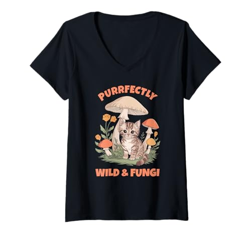 Damen Purrfectly Wild and Fungi Katze Pilz T-Shirt mit V-Ausschnitt Damen Purrfectly Wild and Fungi Katze Pilz T-Shirt mit V-Ausschnitt von Lustiges Spruch Motiv mit Katze und Pilzen
