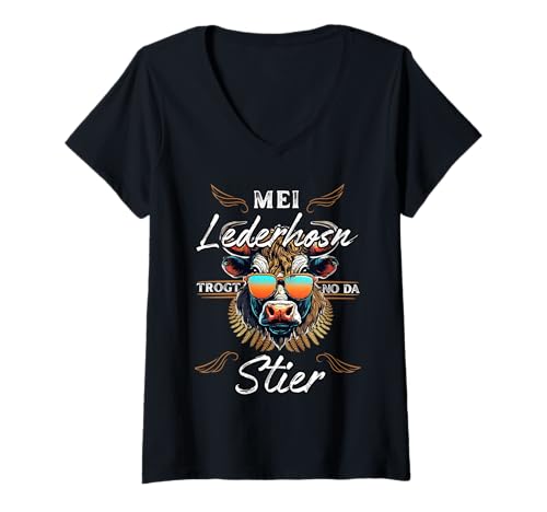 Damen Lustiger Tracht Ersatz-MEI Lederhosn trogt no da Stier T-Shirt mit V-Ausschnitt Damen Lustiger Tracht Ersatz-MEI Lederhosn trogt no da Stier T-Shirt mit V-Ausschnitt von Lustiges Trachten Outfit mit Spruch für Volksfest