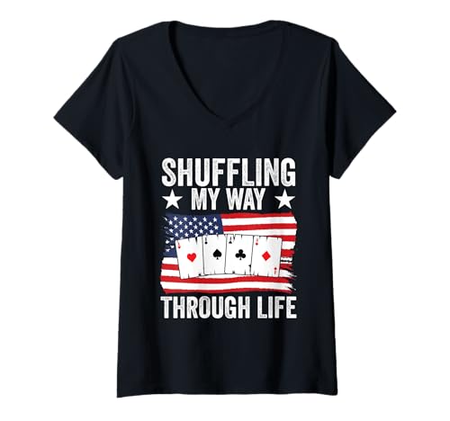 Damen Shuffle Through Life Apparel Binokel Lieblings Kartenspiel T-Shirt mit V-Ausschnitt von Lustiges USA Pinochle Design