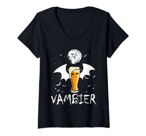 Damen Vambier Halloween JGA Malle Bier Fledermaus Vampir Kostüm T-Shirt mit V-Ausschnitt von Lustiges Vintage Bier Alkohol Halloween Geschenk