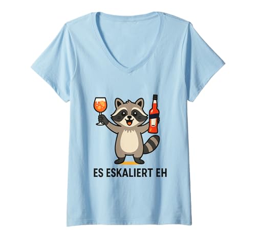 Damen ES ESKALIERT EH X Raccoon Meme Racoon Pedro Spritz T-Shirt mit V-Ausschnitt von Lustiges Waschbär Meme Geschenk