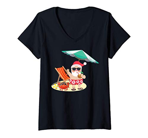 Damen Weihnachtsmann Hawaii Strand Santa Weihnachten Herren Damen T-Shirt mit V-Ausschnitt Damen Weihnachtsmann Hawaii Strand Santa Weihnachten Herren Damen T-Shirt mit V-Ausschnitt von Lustiges Weihnachten Geschenke