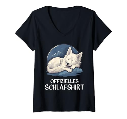 Damen Offizielles Schlafshirt Weißer Schäferhund Nachthemd Pyjama T-Shirt mit V-Ausschnitt von Lustiges Weißer Schäferhund Schlafshirt Nachthemd