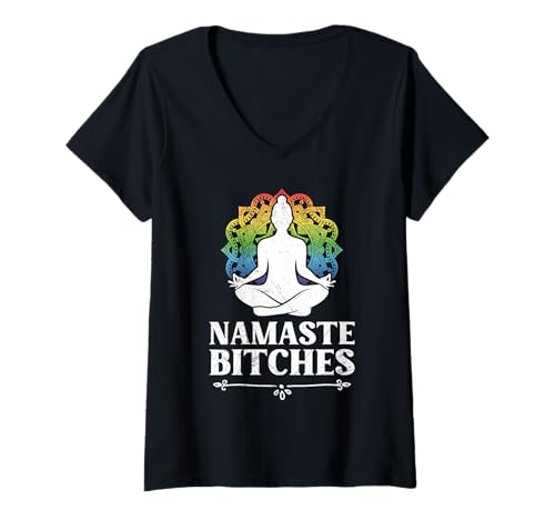 Damen Aggro Yoga NAMASTE BITCHES Lustiges Yogi T-Shirt mit V-Ausschnitt Damen Aggro Yoga NAMASTE BITCHES Lustiges Yogi T-Shirt mit V-Ausschnitt von Lustiges Yoga T-Shirt Yogi Aggressionsbewältigung