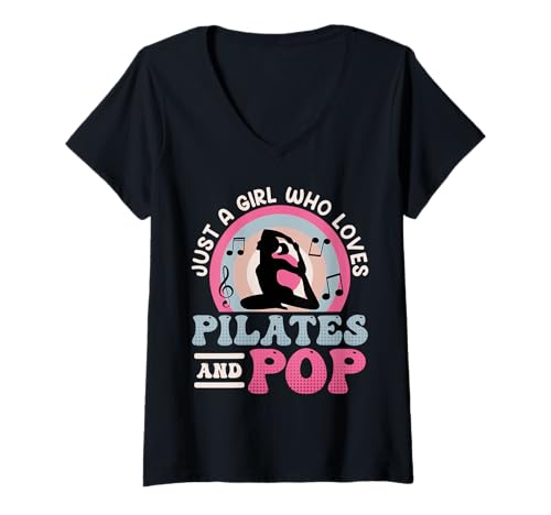 Damen Musik Yoga JUST A GIRL WHO LOVES PILATES AND POP Yogi T-Shirt mit V-Ausschnitt von Lustiges Yoga T-Shirt Yogi Musik Yoga Outfit