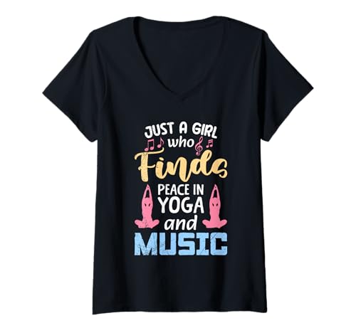Damen Yoga Outfit JUST A GIRL WHO LOVES YOGA AND MUSIC Musik Yoga T-Shirt mit V-Ausschnitt von Lustiges Yoga T-Shirt Yogi Musik Yoga Outfit