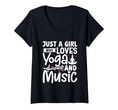 Damen Yoga Outfit JUST A GIRL WHO LOVES YOGA AND MUSIC Yoga T-Shirt mit V-Ausschnitt von Lustiges Yoga T-Shirt Yogi Musik Yoga Outfit