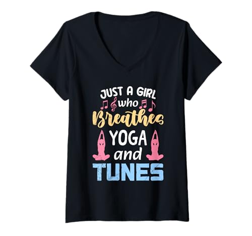 Damen Yogi JUST A GIRL WHO BREATHES YOGA AND TUNES Musik Yoga T-Shirt mit V-Ausschnitt von Lustiges Yoga T-Shirt Yogi Musik Yoga Outfit