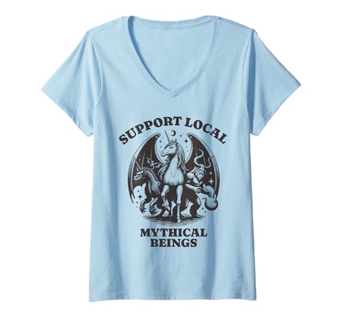 Damen dragons unicorn Lovers - Support Local mythical beings T-Shirt mit V-Ausschnitt von Lustiges dragons unicorn Design – Geschenk