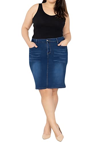 Damen Plus Size Knielanger Jeansrock Midi-Rock mit Schlitz - Sexy Sommer Langer Jeansrock Damen (40, Blau 1) von Lusty Chic