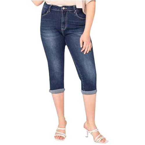 Lusty Chic Damen Capri Jeans Hose Damen High-Waist 3/4 Hose Damen Caprihose Kurze Übergröße Jeans Caprihose Damen Sommer Hose - High-Waist 3/4 Hose Damen Sommer (46, Dunkelblau) von Lusty Chic