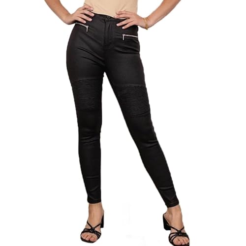 Lusty Chic Damen Kunstlederhose – Hose Lederoptik Schwarz mit Reißverschlusstaschen, Mid Waist, Skinny Fit, Lederimitat Look (XXL, Schwarz 1) von Lusty Chic
