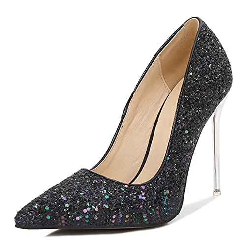 Damen Spitzschuh Schlüpfen Glitzern Sexy 4 Zoll Metall High Heel Stiletto Pumps Für Party Abend Hochzeit Schwarz-Glitzern Größe 43 von Lutalica W