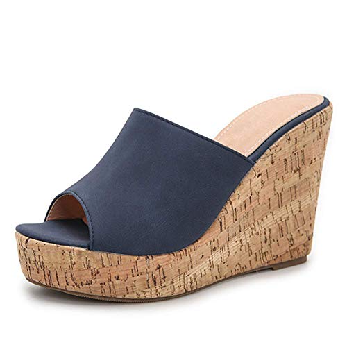 Damen sexy Peep Toe Plattform High Heel Kork Keilabsatz Sandalen Offener Zeh Schlüpfen Keilabsatz Pantoletten Sandalen Blau Größe 35.5 von Lutalica W