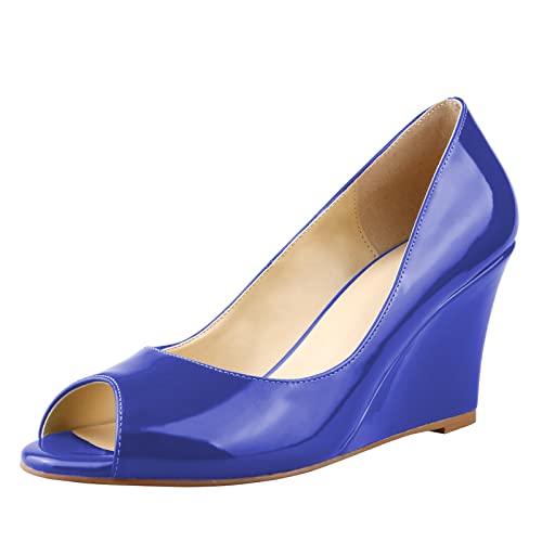 Lutalica W Damen Stilvolle Lackleder Einfarbig/Zweifarbig Komfort Slip On Mittelhoher Absatz Peep Toe Keil Pumps Schuhe Blau Größe 43 von Lutalica W