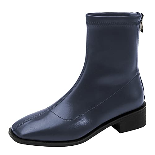 Lutalica W Damenmode Elastisches Pu-Leder Quadratischer Zeh Reißverschluss hinten Komfort Stiefeletten mit flachem Absatz Blau Größe 39 Lutalica W Damenmode Elastisches Pu-Leder Quadratischer Zeh Reißverschluss hinten Komfort Stiefeletten mit flachem Absatz Blau Größe 39 von Lutalica W