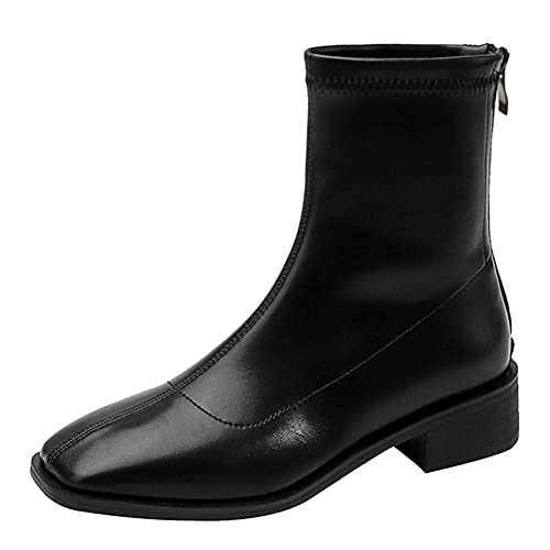 Lutalica W Damenmode Elastisches Pu-Leder Quadratischer Zeh Reißverschluss hinten Komfort Stiefeletten mit flachem Absatz Schwarz Größe 43 von Lutalica W