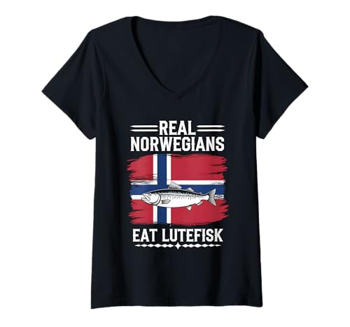 Damen Echte Norweger Essen Lutefisk T-Shirt mit V-Ausschnitt von Lutefisk Food
