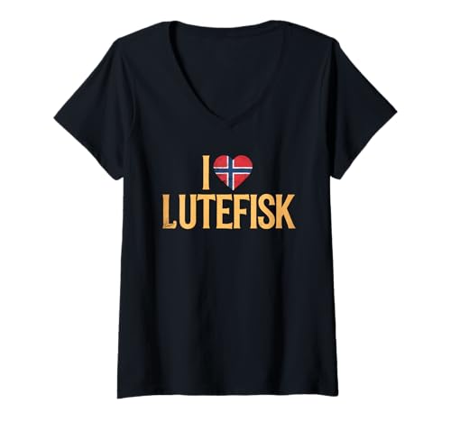Damen Ich Liebe Lutefisk T-Shirt mit V-Ausschnitt von Lutefisk Food