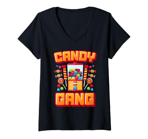 Damen Candy Gang Süßigkeiten Bonbons T-Shirt mit V-Ausschnitt Damen Candy Gang Süßigkeiten Bonbons T-Shirt mit V-Ausschnitt von Lutscher Kaugummi Süßigkeit Motiv