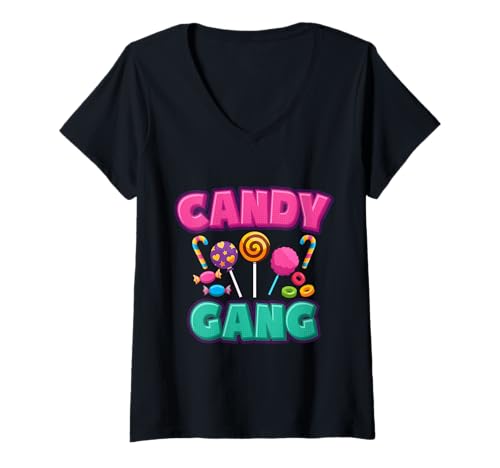 Damen Candy Gang Süßigkeiten Bonbons T-Shirt mit V-Ausschnitt von Lutscher Kaugummi Süßigkeit Motiv
