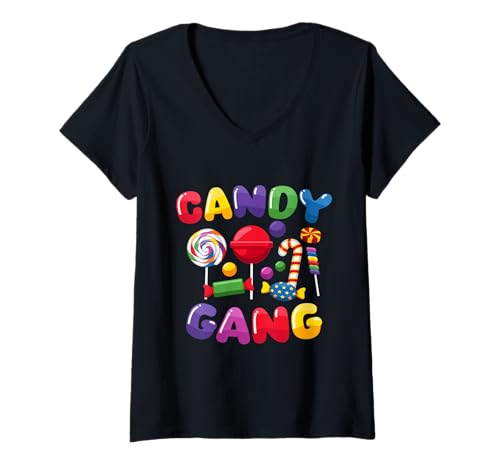 Damen Candy Gang Süßigkeiten Bonbons T-Shirt mit V-Ausschnitt Damen Candy Gang Süßigkeiten Bonbons T-Shirt mit V-Ausschnitt von Lutscher Kaugummi Süßigkeit Motiv