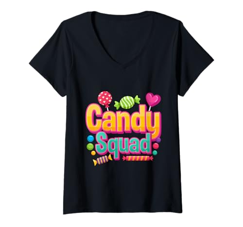 Damen Candy Squad Süßigkeiten Bonbons T-Shirt mit V-Ausschnitt Damen Candy Squad Süßigkeiten Bonbons T-Shirt mit V-Ausschnitt von Lutscher Kaugummi Süßigkeit Motiv