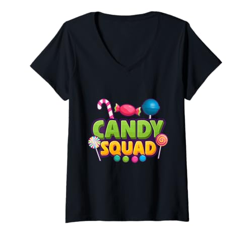 Damen Candy Squad Süßigkeiten Bonbons T-Shirt mit V-Ausschnitt Damen Candy Squad Süßigkeiten Bonbons T-Shirt mit V-Ausschnitt von Lutscher Kaugummi Süßigkeit Motiv