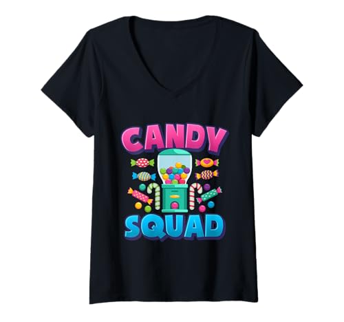 Damen Candy Squad Süßigkeiten Bonbons T-Shirt mit V-Ausschnitt Damen Candy Squad Süßigkeiten Bonbons T-Shirt mit V-Ausschnitt von Lutscher Kaugummi Süßigkeit Motiv