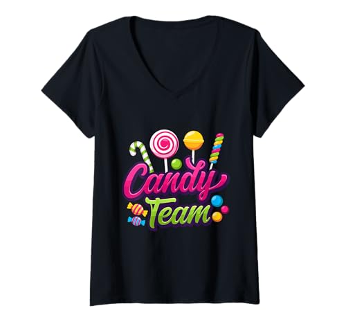 Damen Candy Team Süßigkeiten Bonbons T-Shirt mit V-Ausschnitt Damen Candy Team Süßigkeiten Bonbons T-Shirt mit V-Ausschnitt von Lutscher Kaugummi Süßigkeit Motiv