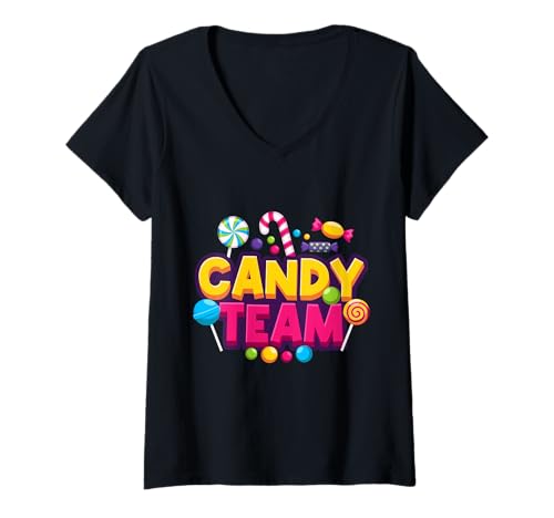 Damen Candy Team Süßigkeiten Bonbons T-Shirt mit V-Ausschnitt von Lutscher Kaugummi Süßigkeit Motiv