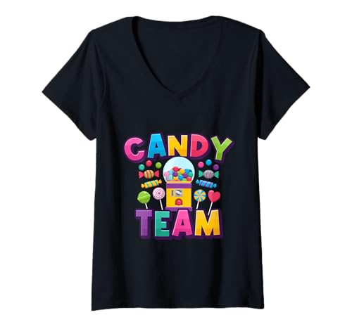Damen Candy Team Süßigkeiten Bonbons T-Shirt mit V-Ausschnitt von Lutscher Kaugummi Süßigkeit Motiv