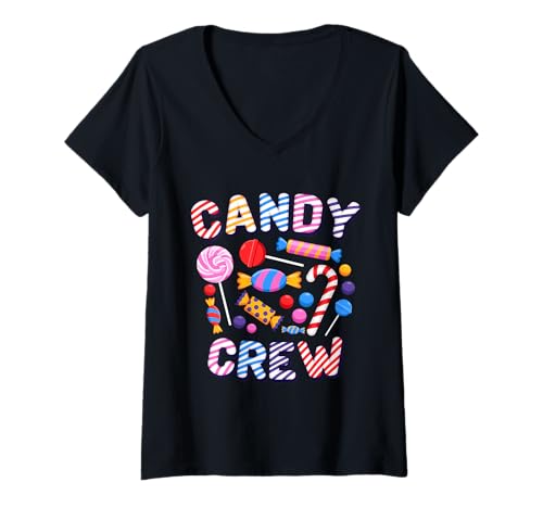 Damen Candy Crew Süßigkeiten Bonbon T-Shirt mit V-Ausschnitt Damen Candy Crew Süßigkeiten Bonbon T-Shirt mit V-Ausschnitt von Lutscher Schokoladen Süßigkeit Motiv