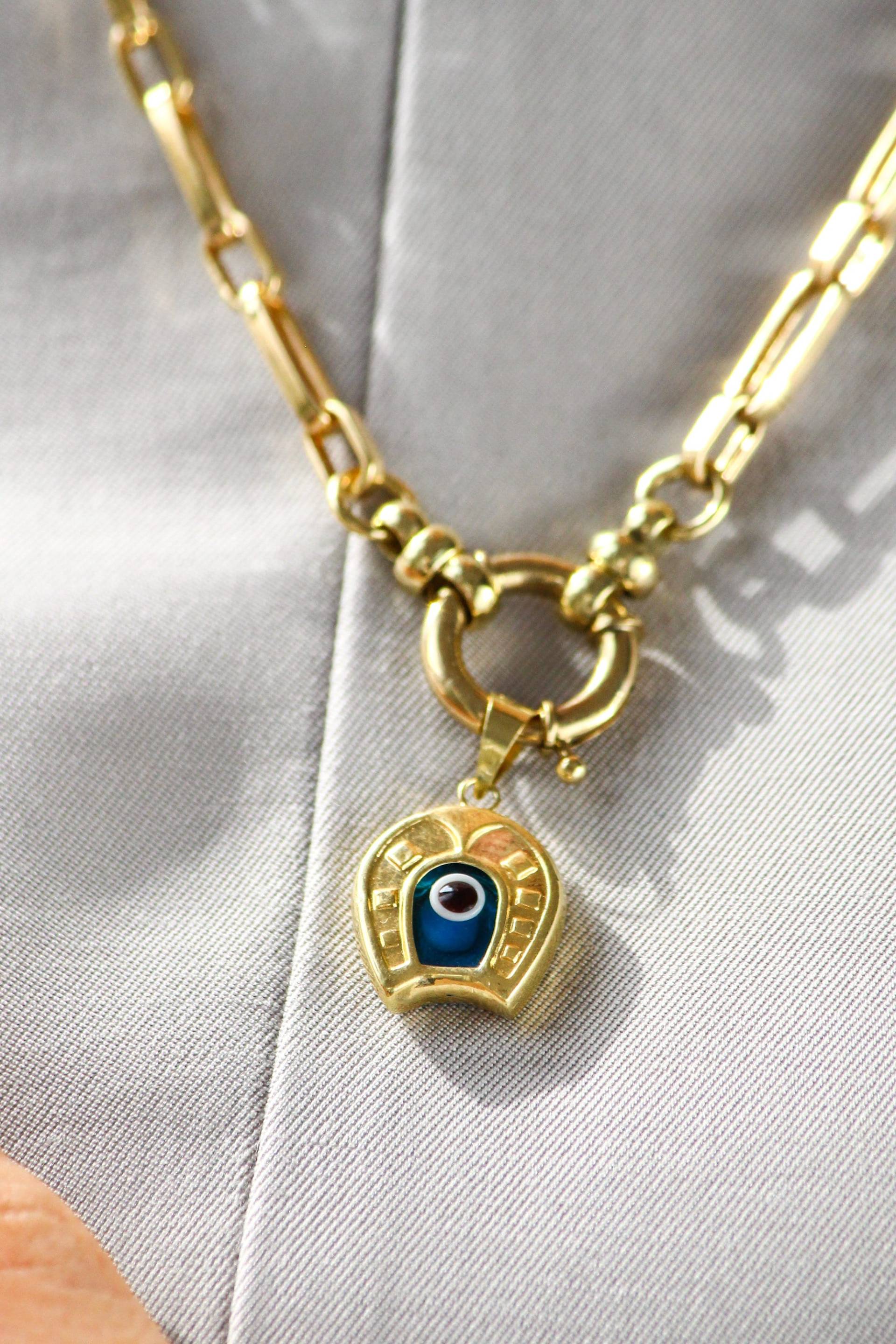 14K Solid Gold Paperclip Halskette Evil Eye Hufeisen -Evil Charm - Benutzerdefinierte Halsketten Muttertagsgeschenk Geschenk Für Sie von LuuJewellery