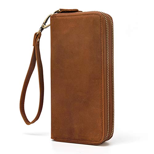 LUUFAN Echtes Leder Doppelreißverschluss Lange Brieftasche Große Kapazität Leder Clutch Wallets mit Handschlaufe (Braun 2) von LUUFAN