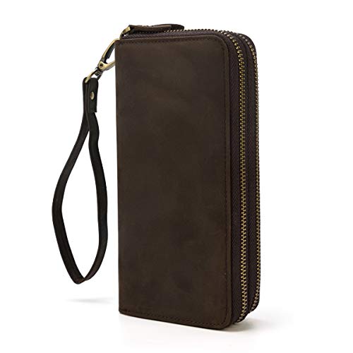 LUUFAN Echtes Leder Doppelreißverschluss Lange Brieftasche Große Kapazität Leder Clutch Wallets mit Handschlaufe (Braun 3) von LUUFAN