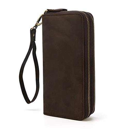 LUUFAN Echtes Leder Lange Brieftasche große Kapazität Double Zipper um Geldbörse Clutch Bag Handtasche Beutel Bargeld Kreditkarten Handy-Halter, Dunkelbraun von LUUFAN