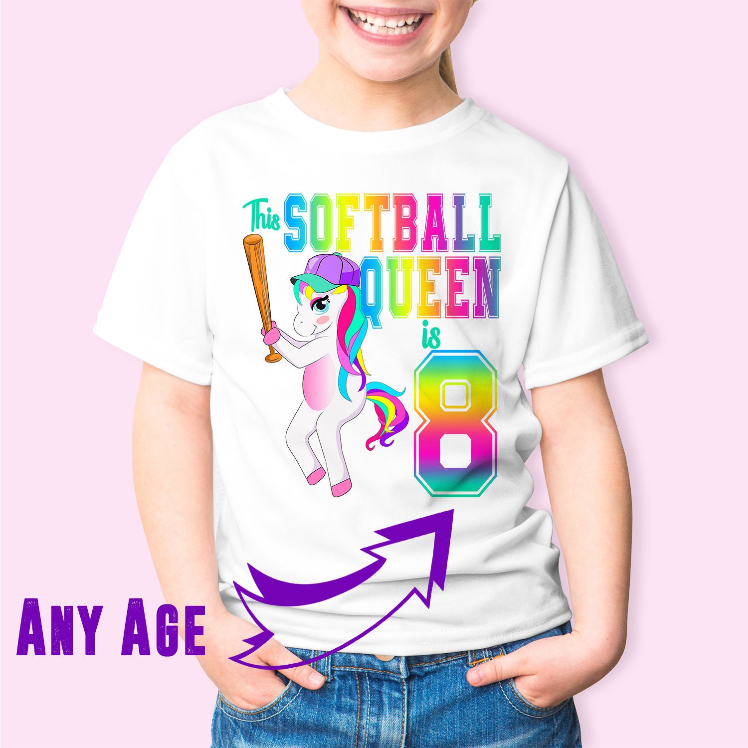 Mädchen Einhorn Softball Geburtstag Shirt, Jugend Kurzarm T-Shirt von LuvDesings