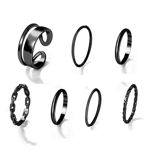 Luvadeyo 7PCS Verstellbare Band Fingerringe Set Niedliches Minimalistischer Schwarzes Silber Welle Stapelbare Offene Ringe Set für Damen - Schwarz von Luvadeyo