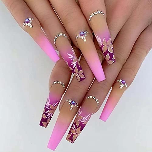 Luvadeyo 24Pcs Coffin Press on Nails Pink Full Cover Flower Acrylic Gradient Fake Nails Long False Nails for Women von Luvadeyo