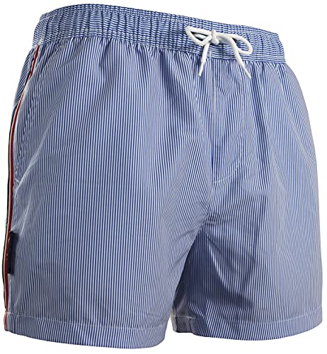 Luvanni Badehose für Herren Schnelltrocknende Badeshorts 19 mit Kordelzug Beachshorts Boardshorts Schwimmhose Männer mit Muster Streifen Streifenmuster gestreift blau weiß 4XL von Luvanni