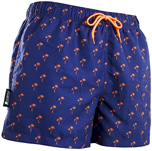 Luvanni Badehose für Herren Schnelltrocknende Badeshorts 22-24 mit Kordelzug Beachshorts Boardshorts Schwimmhose Männer mit Muster Insel Palm Plamen Blau Orange 2XL von Luvanni