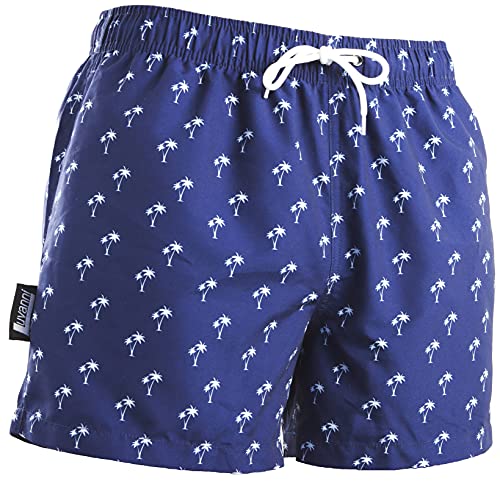 Luvanni Badehose für Herren Schnelltrocknende Badeshorts 22-24 mit Kordelzug Beachshorts Boardshorts Schwimmhose Männer mit Muster Insel Palm Plamen Blau Weiß 2XL von Luvanni