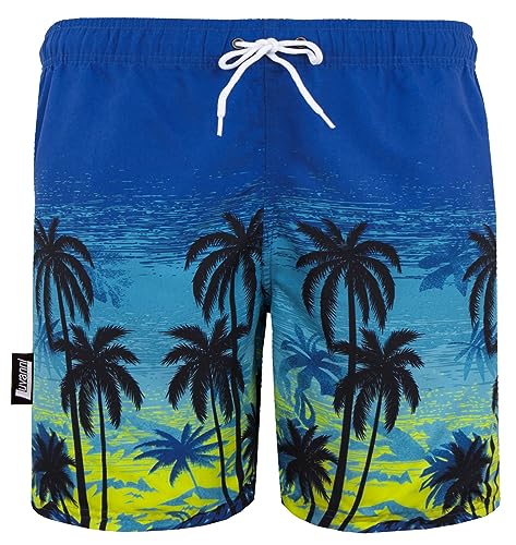 Luvanni Badehose für Herren Schnelltrocknende Badeshorts 439 mit Kordelzug Beachshorts Boardshorts Schwimmhose Männer mit Muster Blautöne Palmen Beach Sonnenuntergang Blau Schwarz 4XL von Luvanni