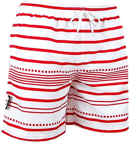 Luvanni Badehose für Herren Schnelltrocknende Badeshorts mit Kordelzug Beachshorts Widerstandsfähige Boardshorts Schwimmhose Männer Jungs Boys Gestreift Streifen Streifenmuster Farbe Weiss Rot M von Luvanni