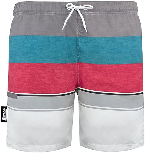 Luvanni Badehose für Herren Schnelltrocknende Badeshorts mit Kordelzug Beachshorts Widerstandsfähige Boardshorts Schwimmhose Männer Jungs Boys Gestreift blau rot grau Streifen Grau Rot L von Luvanni