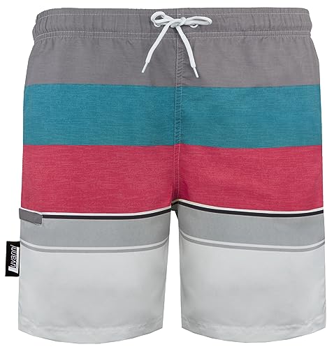 Luvanni Badehose für Herren Schnelltrocknende Badeshorts 600 mit Kordelzug Beachshorts Boardshorts Schwimmhose Männer mit Streifenmuster blau rot grau Streifen Grau Rot XXXL von Luvanni